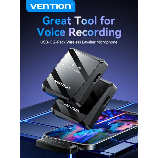 VENTION USB-C 2-Pack Wireless Clip-On Lavalier Microphone Black (NCBB0)