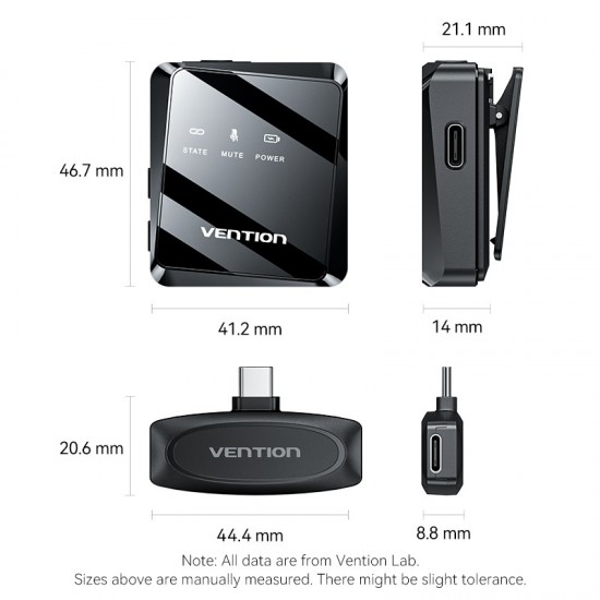 VENTION USB-C 2-Pack Wireless Clip-On Lavalier Microphone Black (NCBB0)