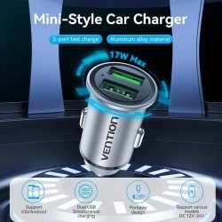 VENTION 2-Port USB (A+A) Car Charger (18W/18W) Gray Mini Style Aluminum Alloy Type (FFAH0)