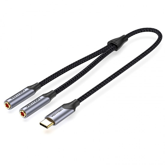VENTION Type-C Male to 2*3.5mm Earphone Jack Adapter 0.3M Gray Aluminum Alloy Type (BGNHY)