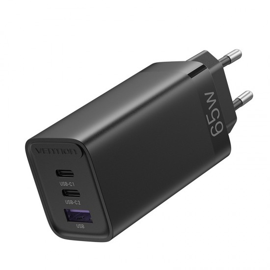 VENTION 3-Port USB (C+C+A) GaN Charger (65W/30W/30W) EU-Plug Black (FEDB0-EU)